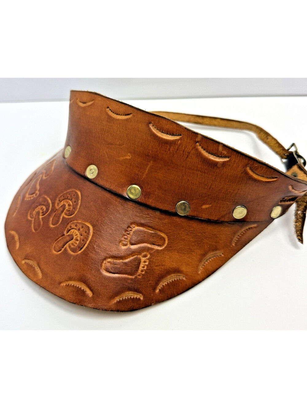 VTG 70's Boho Hippy Leather Tooled Mushroom Festival Visor Hat Handmade